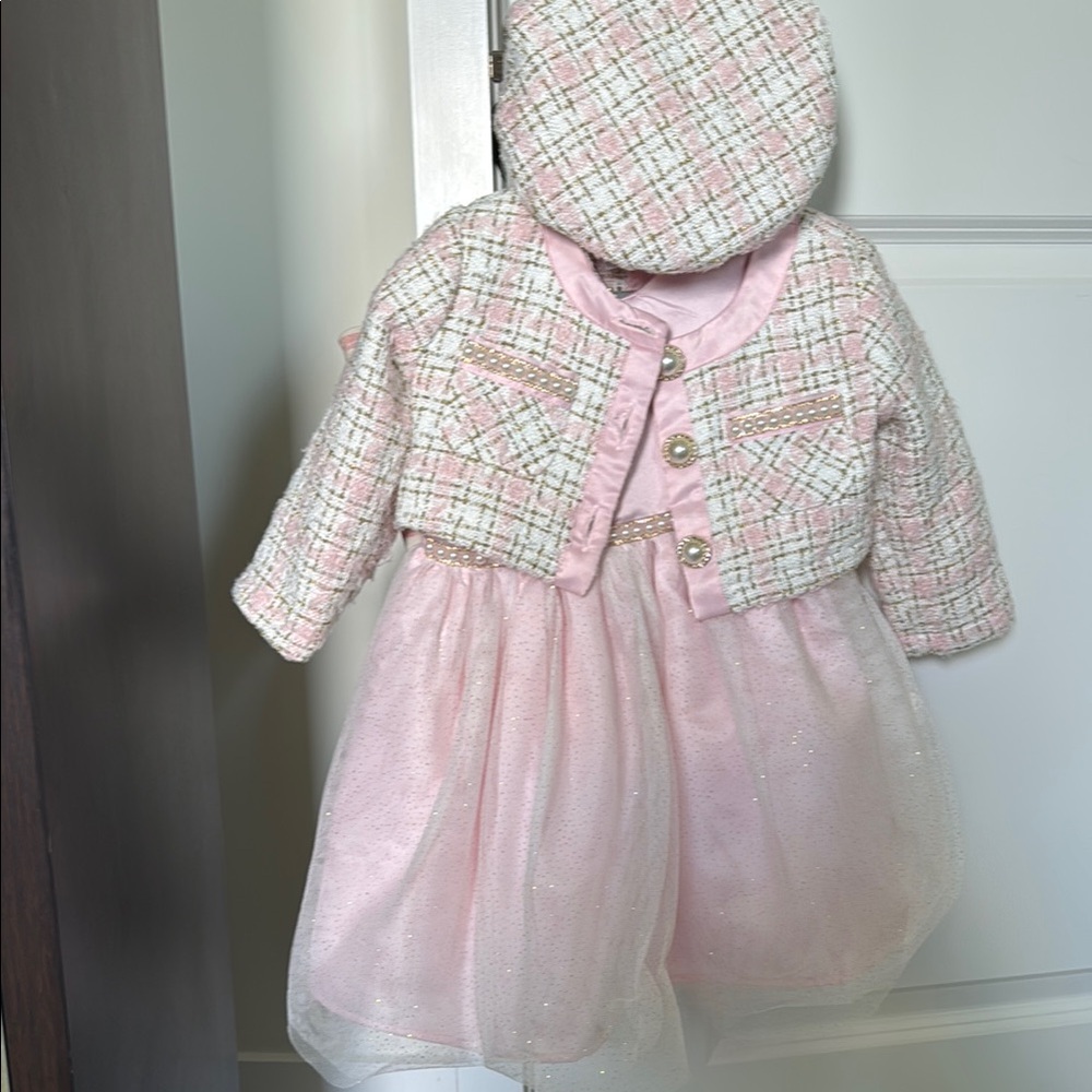 Chic Pink Plaid Baby Dress with Jacket and Hat